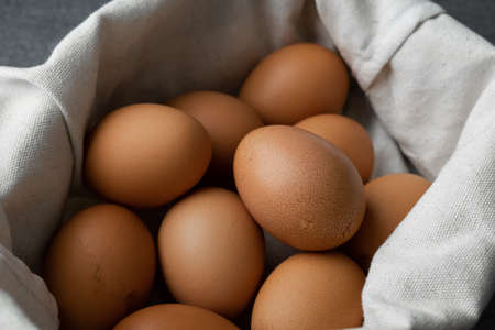 Chicken egg in bag on the concrete table background.の写真素材