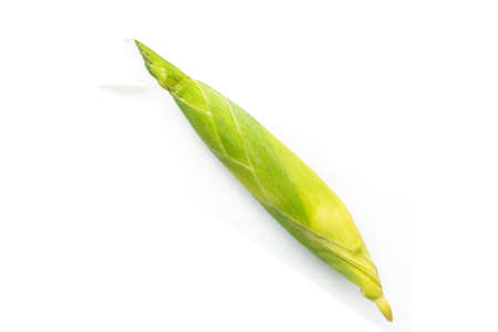 Top view of raw corn on white background.