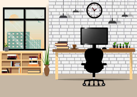 Office interior design with computer and bookshelf in modern loft style.のイラスト素材