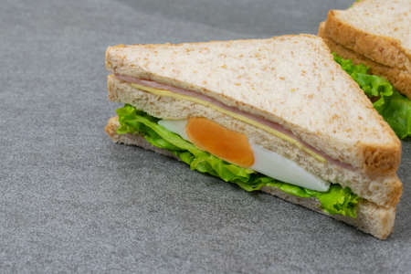 Homemade sandwich or toast wheat bread with lettuce and ham on the concrete table.の写真素材