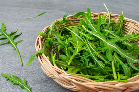 Fresh Arugula in basket on tile table.の写真素材