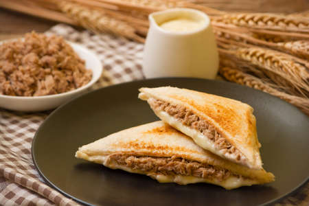 Sandwich stuffed with salad sauce and dried Tuna in black dish on wooden table.の写真素材