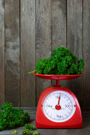 Parsley on red scales on wooden background.の写真素材
