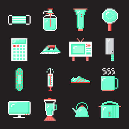 Set of object and protection with pixel art icon style on gray background.のイラスト素材