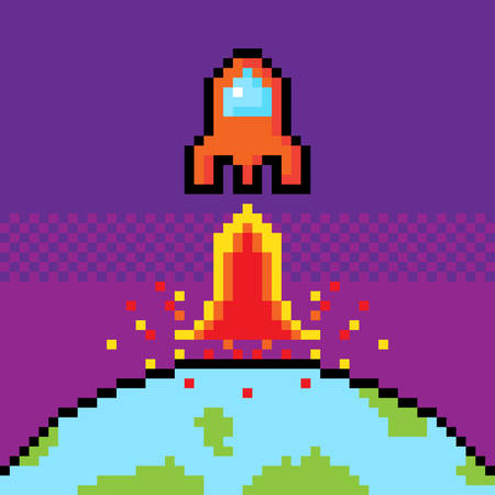 Orange Spacecraft start up from world to space in pixel game.