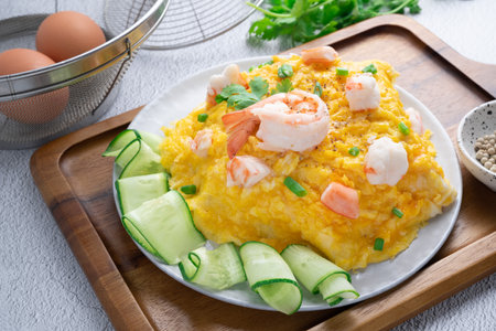 Omelet and shrimp on rice with cucumber in gray dish on concrete table. (Scrambled egg)の写真素材
