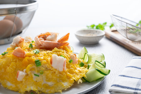 Omelet and shrimp on rice with cucumber in gray dish on concrete table. (Scrambled egg)の写真素材