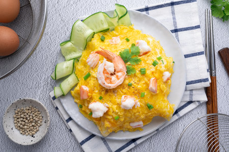 Omelet and shrimp on rice with cucumber in gray dish on concrete table. (Scrambled egg)の写真素材