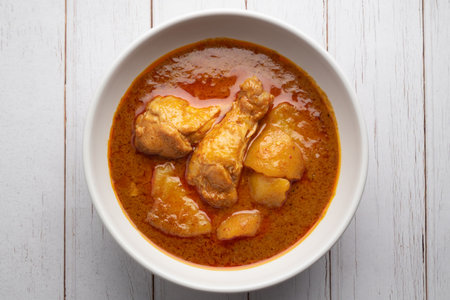 Chicken massaman with potato in white bowl on wooden table.の写真素材