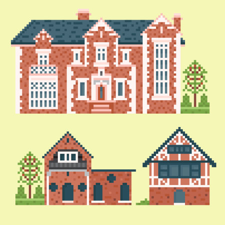 Set of English style house pixel with tree and plant on cream background.のイラスト素材