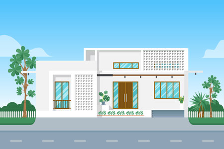 Modern house decorated with ventilation block on blue sky background.のイラスト素材