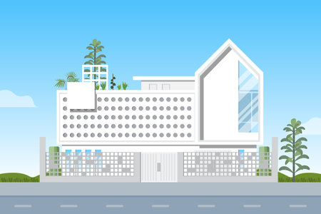 Modern house decorated with ventilation block and trees on the flat slab on blue sky background.のイラスト素材