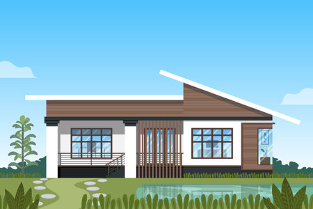 Modern house decorated with brown shera board wall and lean to roof on blue sky background.のイラスト素材