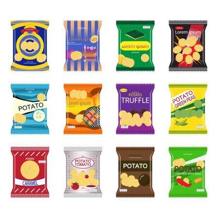 Set of packaging bag with various flavors snacks on white background.のイラスト素材