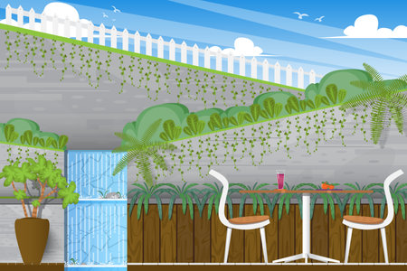 Garden in cafe with small waterfall and slope wall on blue sky background.のイラスト素材