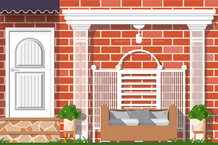 Front garden with white steel in the shape of a Roman column and sofa on brick wall background.のイラスト素材