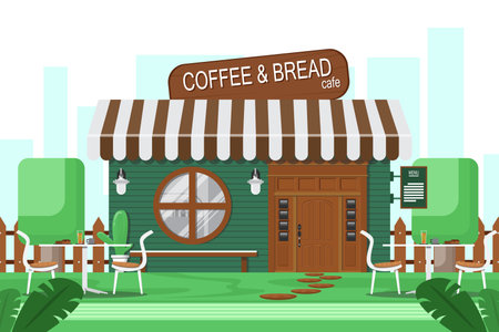 Cafe with dining table in garden on building background.のイラスト素材