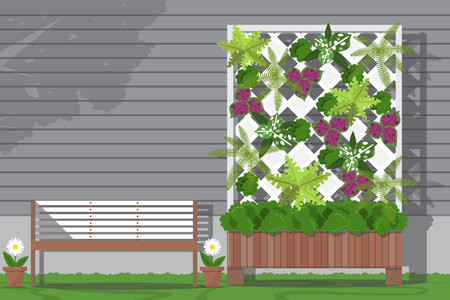 Vertical garden with bench in garden next to the house on shera wood siding background.のイラスト素材