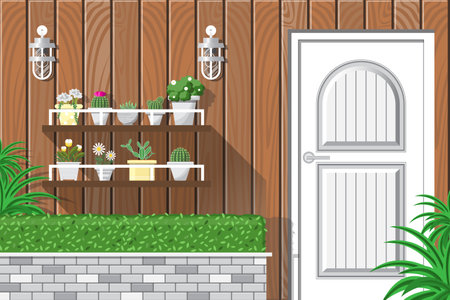 Front garden with white modern door and plant pot shelf on wooden wall background.のイラスト素材