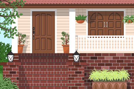 Front garden with brick stairs and wooden door and window.のイラスト素材