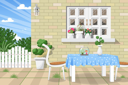 Garden next to the house with fish jar on dining table and window.のイラスト素材
