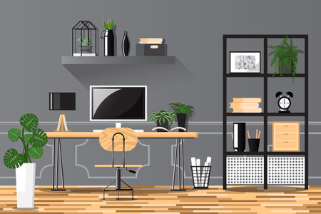 Office in modern style with work desk and computer decorated with potted plants in modern style.のイラスト素材