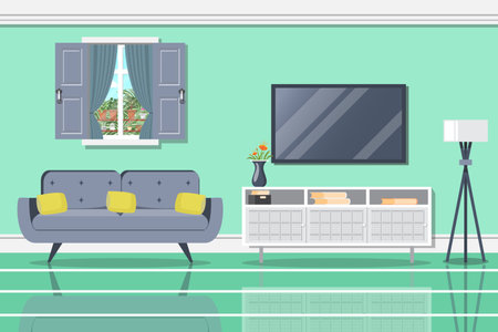 Living room with television shelf and sofa in modern style.のイラスト素材