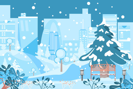 Park outdoor in winter with building background and snowing.のイラスト素材
