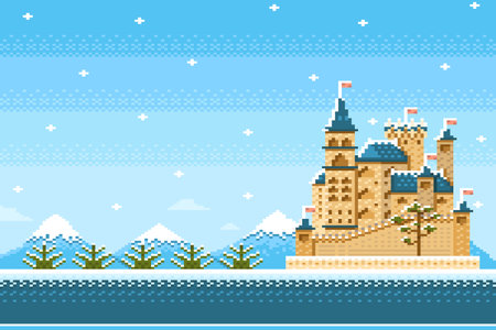 Castle of knight on winter nature background in game pixel style.のイラスト素材