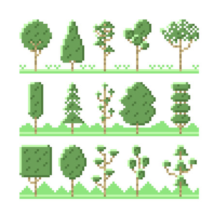 Collection of pixel trees with grass in classic game on white background.のイラスト素材
