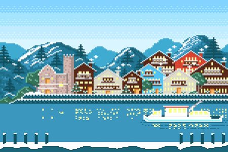 Winter with Many houses on snow floor and mountain background in pixel game.のイラスト素材