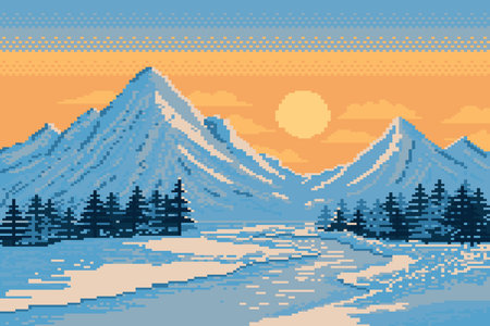 Mountain scene, river, pine trees with sunlight in winter, Pixel style.のイラスト素材