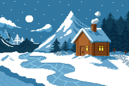 Wooden house with light of window at night in winter with mountain and pine.のイラスト素材