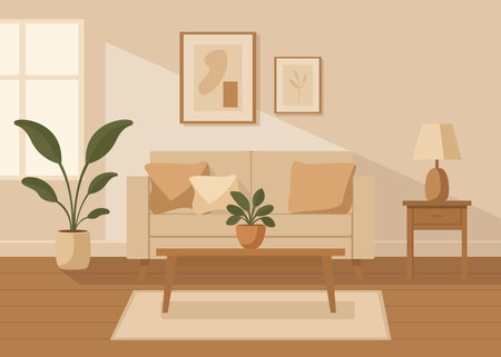 A living room decorated in a beige minimalist style with a sofa and pictures on the wall.のイラスト素材