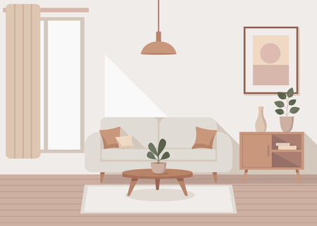 Living room Interior in cozy mood with window and sofa.のイラスト素材