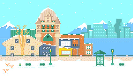 City in winter with river and buildings background and park foreground.のイラスト素材