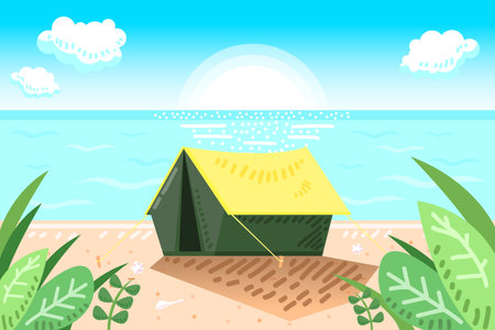Summer seascape with tent on beach and leaf foreground, sunrise on blue sky background.のイラスト素材