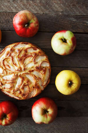 Delicious apple pie on a wooden tableの写真素材
