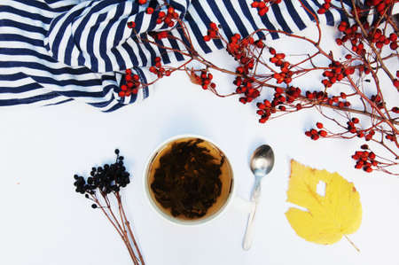 Branches with red berries hawthorn and white cup of tea on white backgroundの写真素材