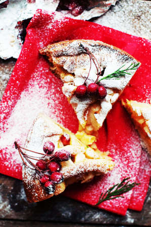 Pieces of apple pie sprinkled with powdered sugar on red napkin. Top view. Homemade cut apple cake...