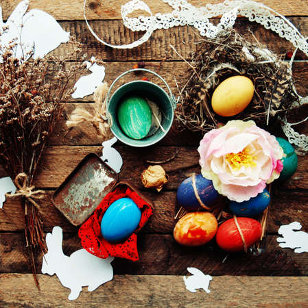 Easter Composition with chicken Eggs on the Warm Wooden Background.の写真素材