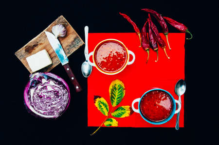 Traditional Ukrainian Russian vegetable borscht on the old wooden background.の写真素材