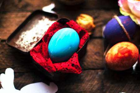 Easter Composition with chicken Eggs on the Warm Wooden Background.の写真素材