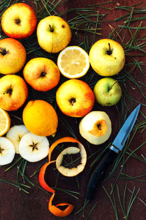 Sweet apples on wooden background. Ripe red apples  on the table. Top view. Flat lay.
