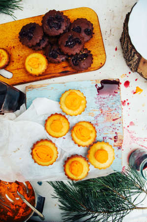 Homemade  cupcakes onto an wooden background. Rustic style. Homemade fresh pastries. Food...