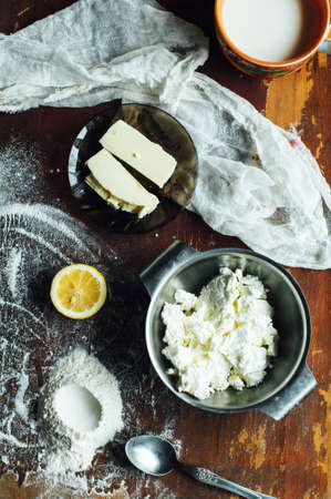 Healthy breakfast product concepts. Homemade  cottage cheese.Healthy and diet food concept. Rustic style.の写真素材