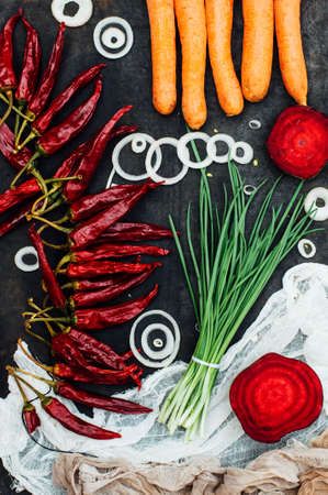 Onion, beet, pepper, garlic, carrot, cabbage ready to prepare salad.の写真素材