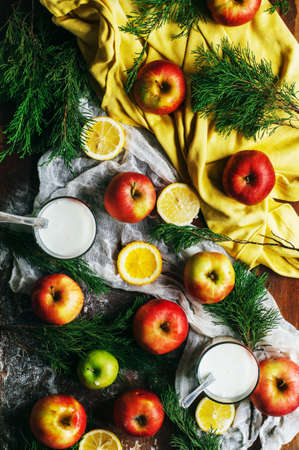 Apples on a dark wood background. Toning. Sweet apples on wooden background.の写真素材