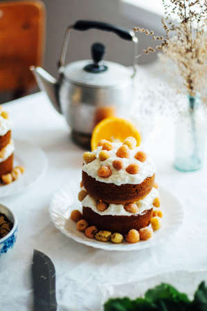 Raspberry Cupcake. Closeup of a cream cake covered with raspberries and gelatin.の写真素材