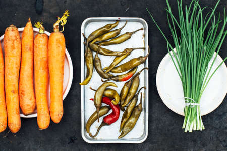 Onion, beet, pepper, garlic, carrot, cabbage ready to prepare salad. Detox and diet food.の写真素材
